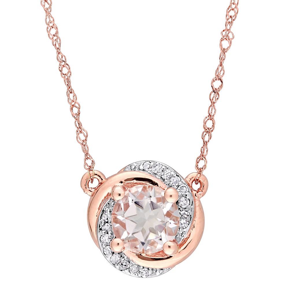 10K Rose Gold Morganite & Diamond 3-Stone Swirl Halo Engagement Ring - Size 8 With Complimentary Jewelry Box