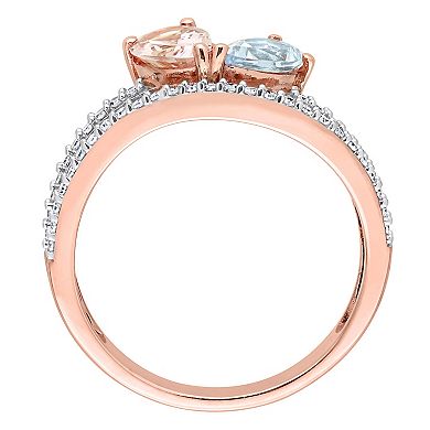 Stella Grace 10k Rose Gold Morganite, Aquamarine & 1/4 Carat T.W. Diamond 2-Stone Open Ring