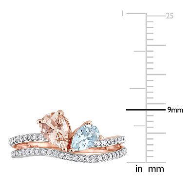 Stella Grace 10k Rose Gold Morganite, Aquamarine & 1/4 Carat T.W. Diamond 2-Stone Open Ring