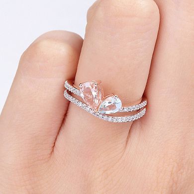 Stella Grace 10k Rose Gold Morganite, Aquamarine & 1/4 Carat T.W. Diamond 2-Stone Open Ring