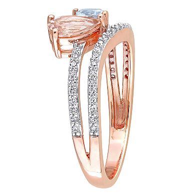 Stella Grace 10k Rose Gold Morganite, Aquamarine & 1/4 Carat T.W. Diamond 2-Stone Open Ring