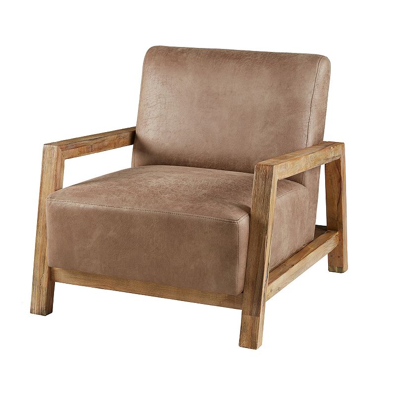 Easton Accent Chair Taupe/Natural: Solid Wood Arms, Reclaimed Finish, Polyurethane Leather