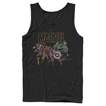 Men's Marvel Avengers Group Action Pose Distressed Logo Outline Tank Top