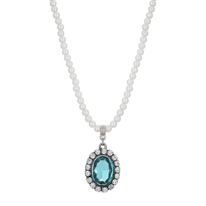 1928 Silver Tone Simulated Blue Crystal Pendant Necklace, Womens
