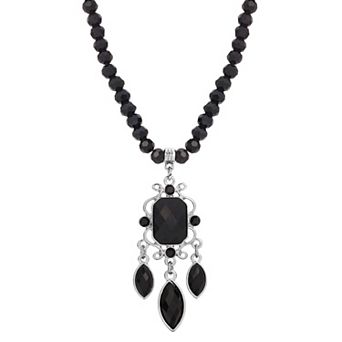 1928 Silver Tone Black Bead Chandelier Necklace