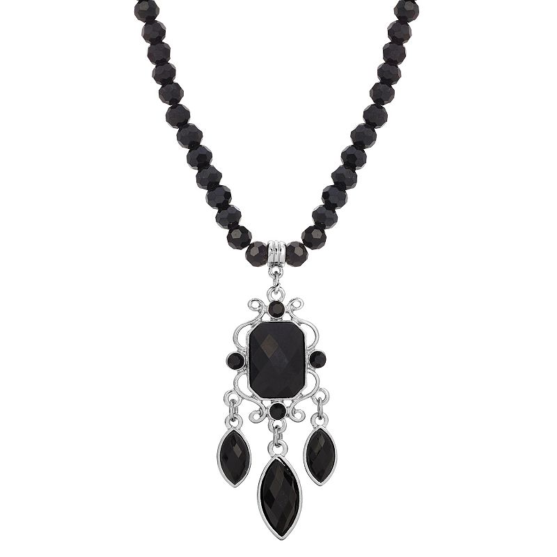 1928 Silver Tone Black Bead Chandelier Necklace, Womens