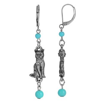 1928 Silver Tone Simulated Turquoise Bead Cat Drop Earrings