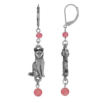 1928 Silver Tone Pink Beaded Cat Drop Earrings