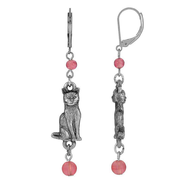 29642286 1928 Silver Tone Pink Beaded Cat Drop Earrings, Wo sku 29642286