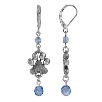 1928 Silver Tone Blue Bead Paw Print Drop Earrings
