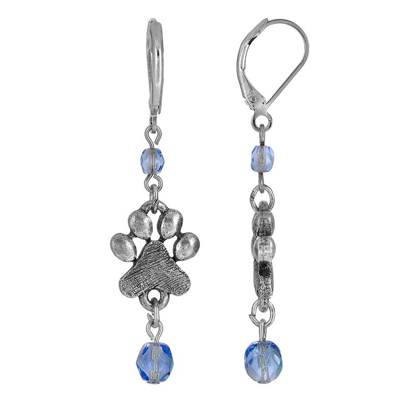 1928 Silver Tone Blue Bead Paw Print Drop Earrings, Womens