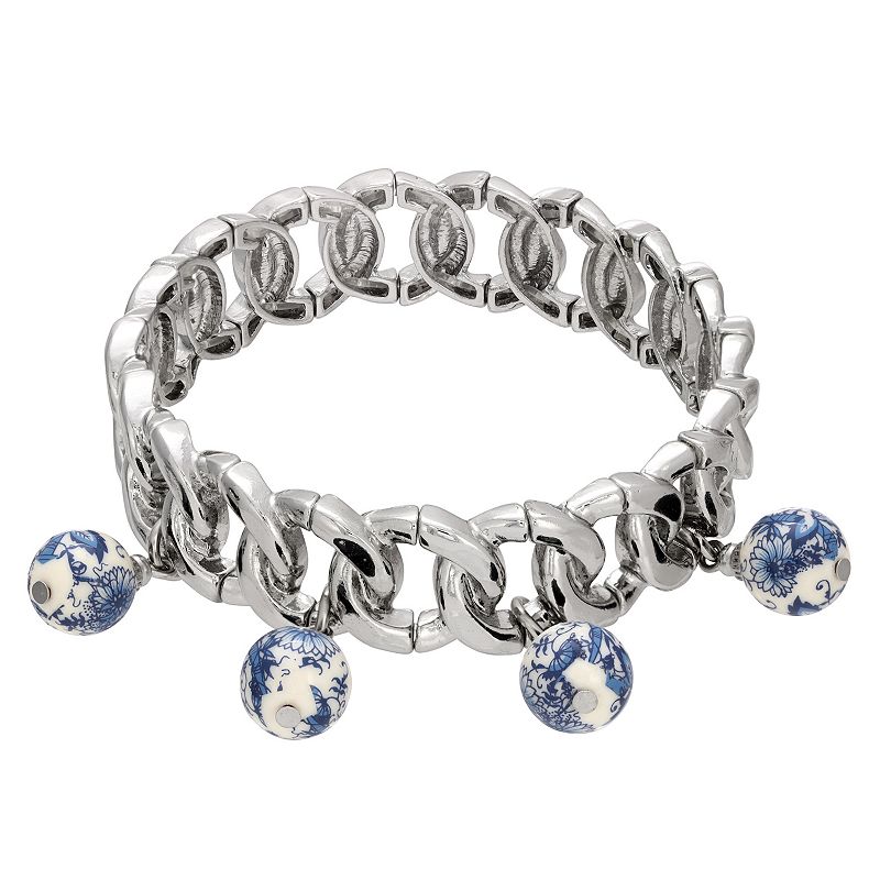 1928 Silver Tone Blue Floral Bead Stretch Bracelet, Womens