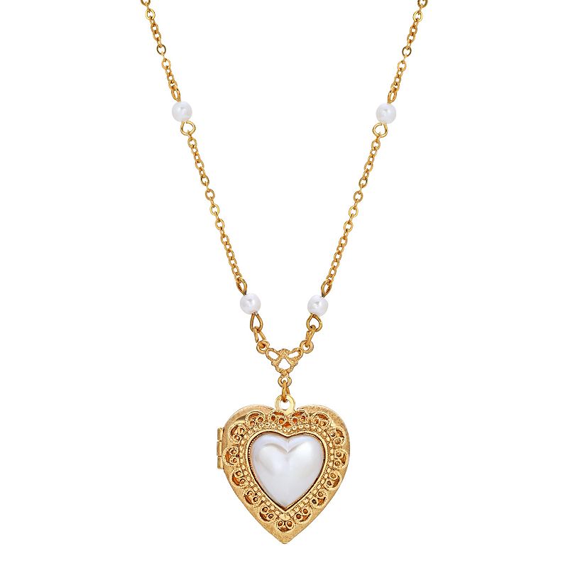 1928 Gold Tone Simulated Pearl Heart Locket Necklace, Womens, White