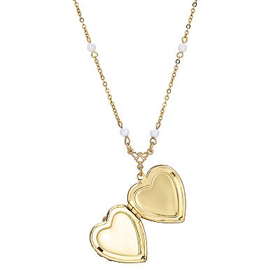 1928 Gold Tone Simulated Pearl Heart Locket Necklace
