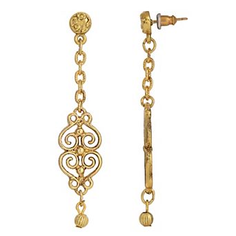 1928 Gold Tone Filigree Chain Drop Earrings