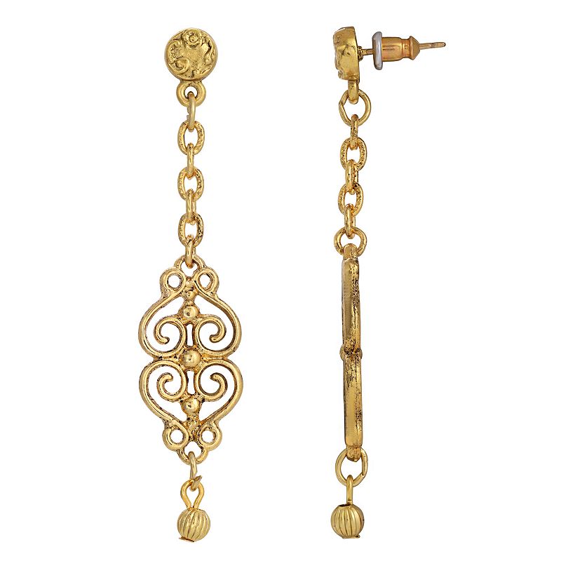 1928 Gold Tone Filigree Chain Drop Earrings, Womens