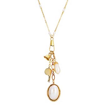1928 Gold Tone Simulated Pearl Locket Charm Necklace