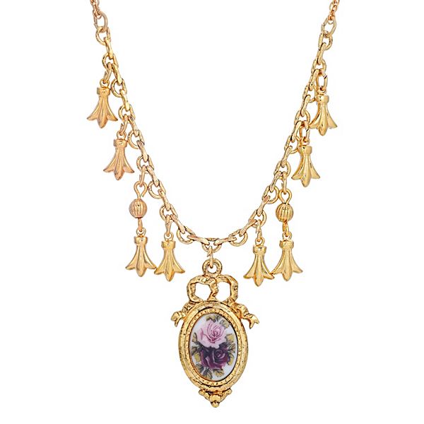 1928 Gold Tone Manor House Oval Floral Drop Necklace