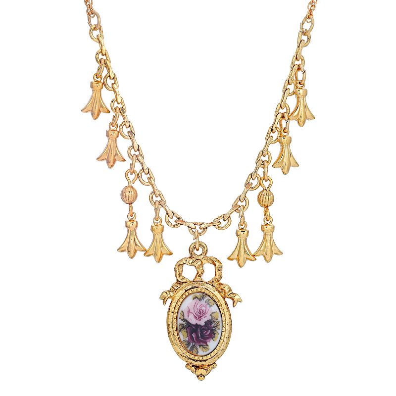 1928 Gold Tone Manor House Oval Floral Drop Necklace, Womens, Purple