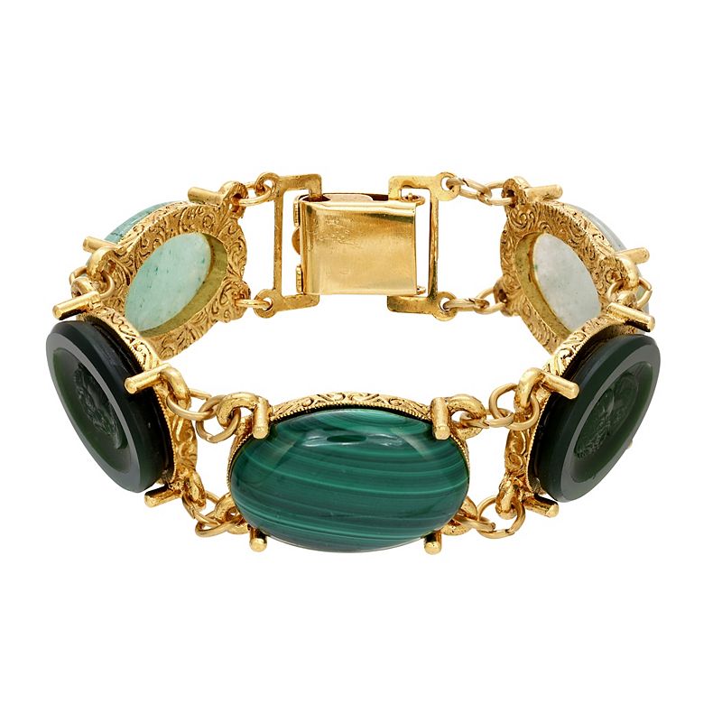 1928 Gold Tone Aventurine & Malachite Link Bracelet, Womens, Green
