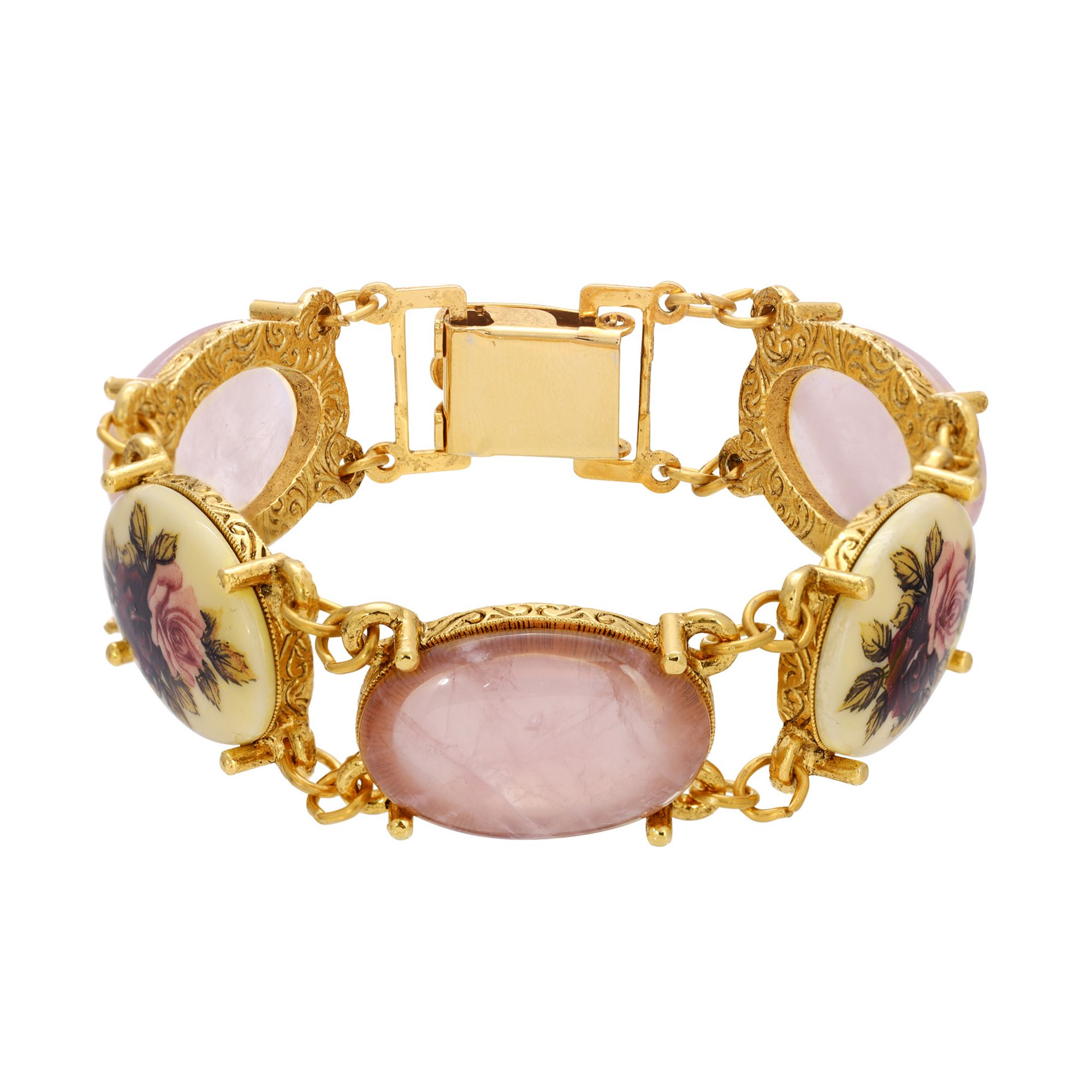 1928 Gold Tone Rose Quartz Manor House Link Bracelet, Womens, Pink