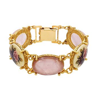 1928 Gold Tone Rose Quartz Manor House Link Bracelet