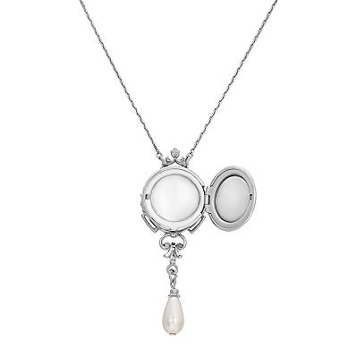 1928 Silver Tone Simulated Pearl Locket Y Necklace