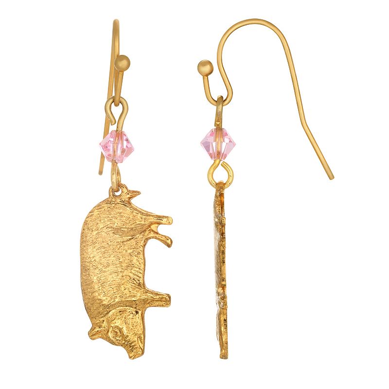 1928 Gold Tone Pink Bead Pig Drop Earrings, Womens