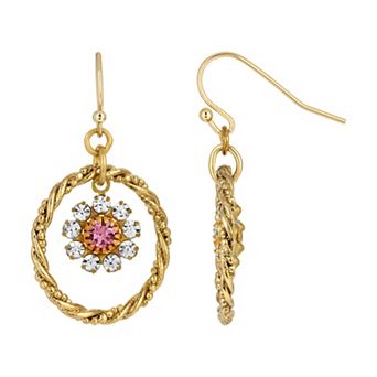 1928 Gold Tone Pink Crystal Flower Orbital Earrings