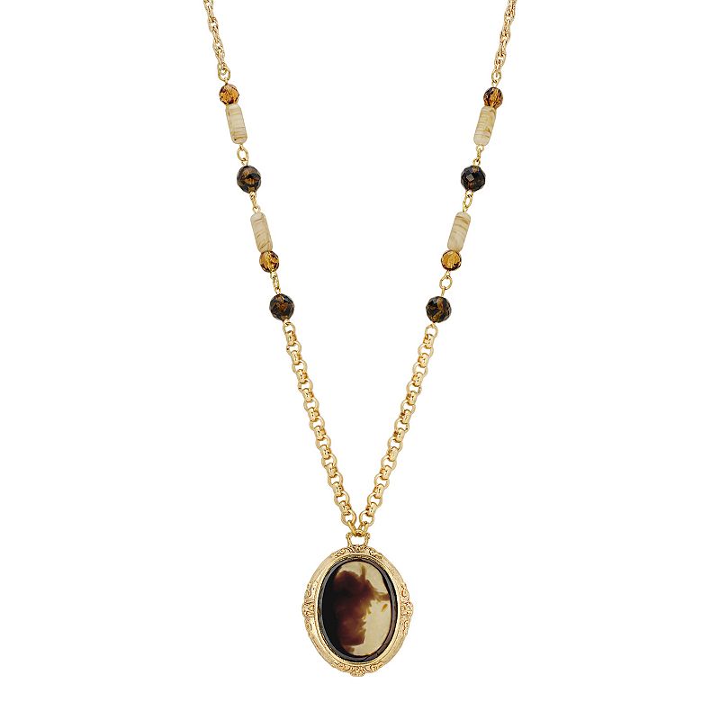 1928 Gold Tone Tortoiseshell Medallion Necklace, Womens, Brown