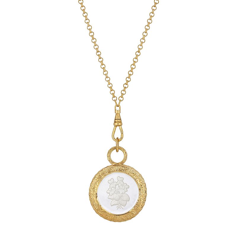 1928 Gold Tone White Intaglio Flowers Medallion Necklace, Womens
