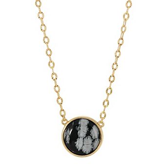 1928 Gold Tone Simulated Snowflake Obsidian Necklace
