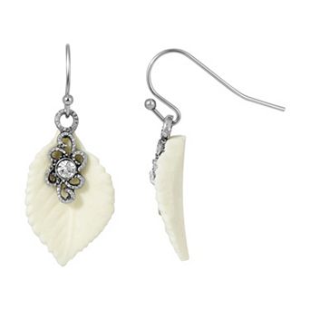 1928 Silver Tone Porcelain Leaf Drop Earrings
