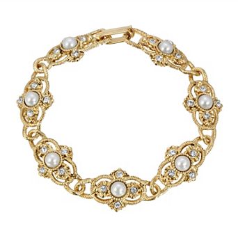 1928 Gold Tone Simulated Pearl Link Bracelet