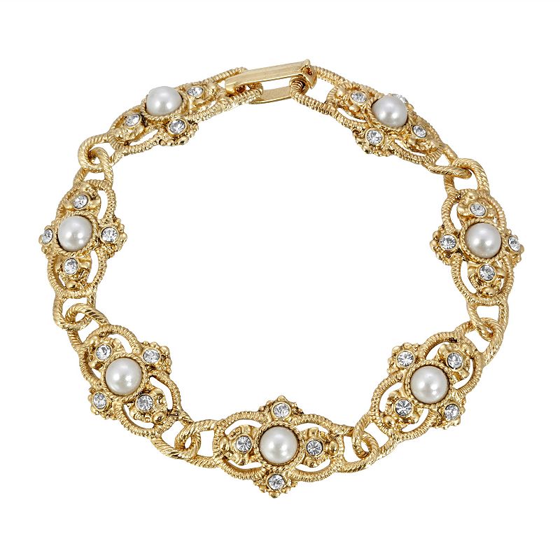 1928 Gold Tone Simulated Pearl Link Bracelet, Womens, White