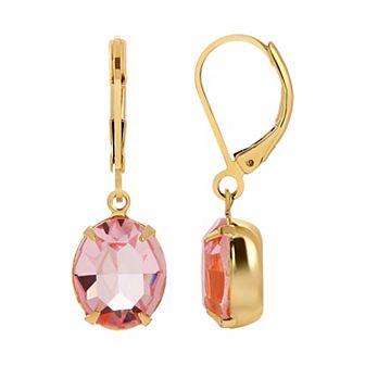 1928 Gold Tone Pink Oval Crystal Drop Earrings