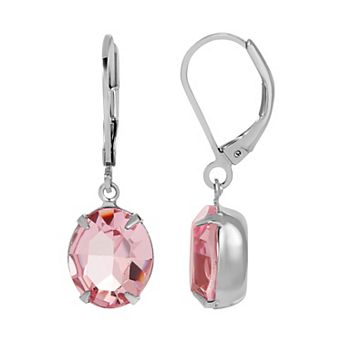 1928 Silver Tone Pink Oval Crystal Drop Earrings