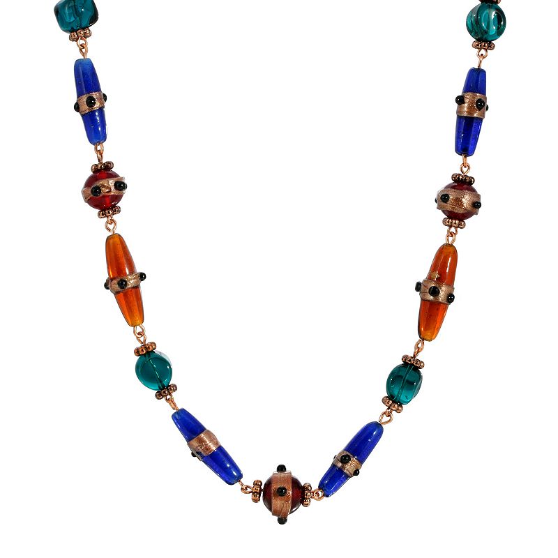 1928 Copper Tone Multicolored Beaded Necklace, Womens
