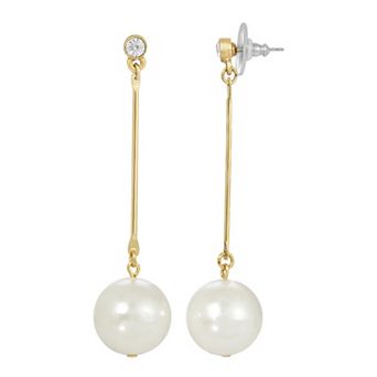 1928 Gold Tone Simulated Pearl Linear Drop Earrings