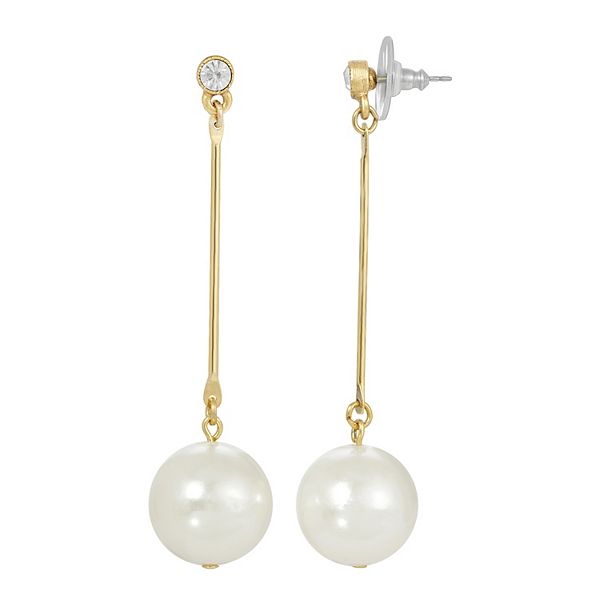 1928 Gold Tone Simulated Pearl Linear Drop Earrings