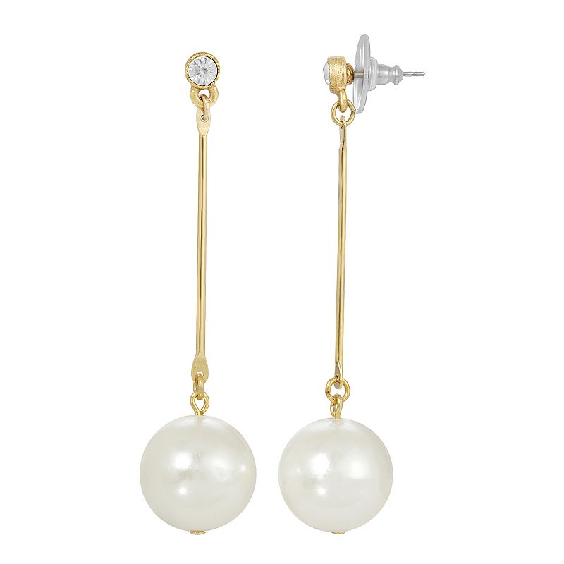 1928 Gold Tone Simulated Pearl Linear Drop Earrings, Womens, White
