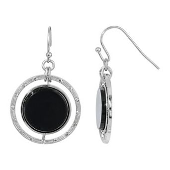 1928 Silver Tone Black Medallion Drop Earrings