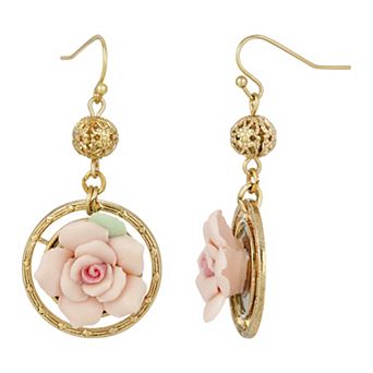 1928 Gold Tone Pink Porcelain Rose Drop Earrings