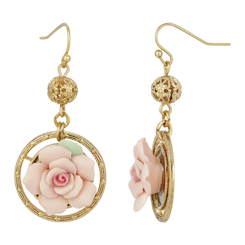 46845984 1928 Gold Tone Pink Porcelain Rose Drop Earrings,  sku 46845984