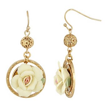 1928 Gold Tone Ivory Porcelain Rose Drop Earrings