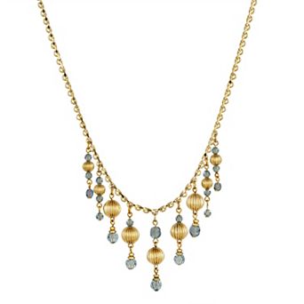 1928 Gold Tone Blue Multi Bead Fringe Necklace