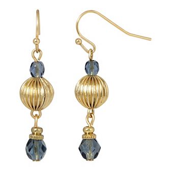 1928 Gold Tone Blue Bead Drop Earrings