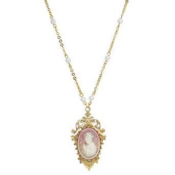 1928 Gold Tone Simulated Carnelian Cameo Necklace