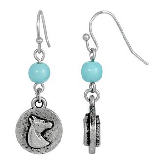 1928 Silver Tone Simulated Turquoise Bead Horse Medallion Drop Earrings