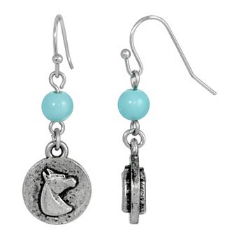 1928 Silver Tone Simulated Turquoise Bead Horse Medallion Drop Earrings